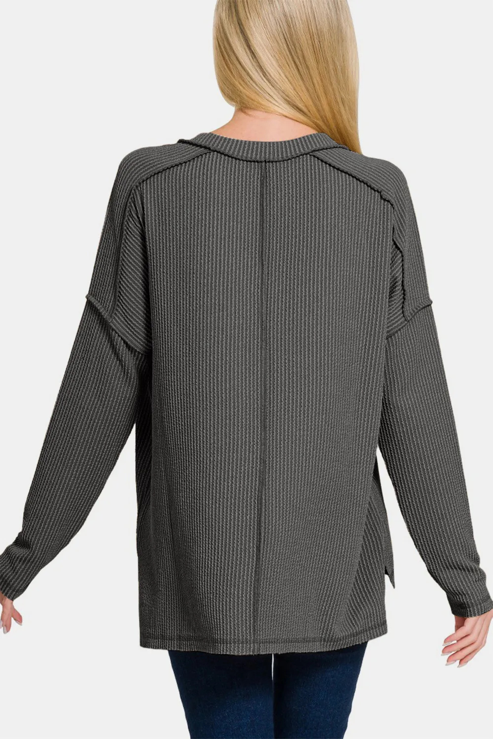 Zenana Texture Exposed Seam V-Neck Long Sleeve T-Shirt - Image 3