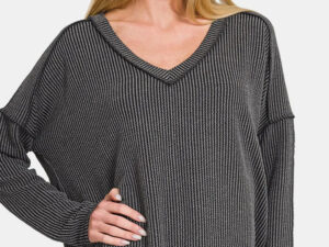 Zenana Texture Exposed Seam V-Neck Long Sleeve T-Shirt