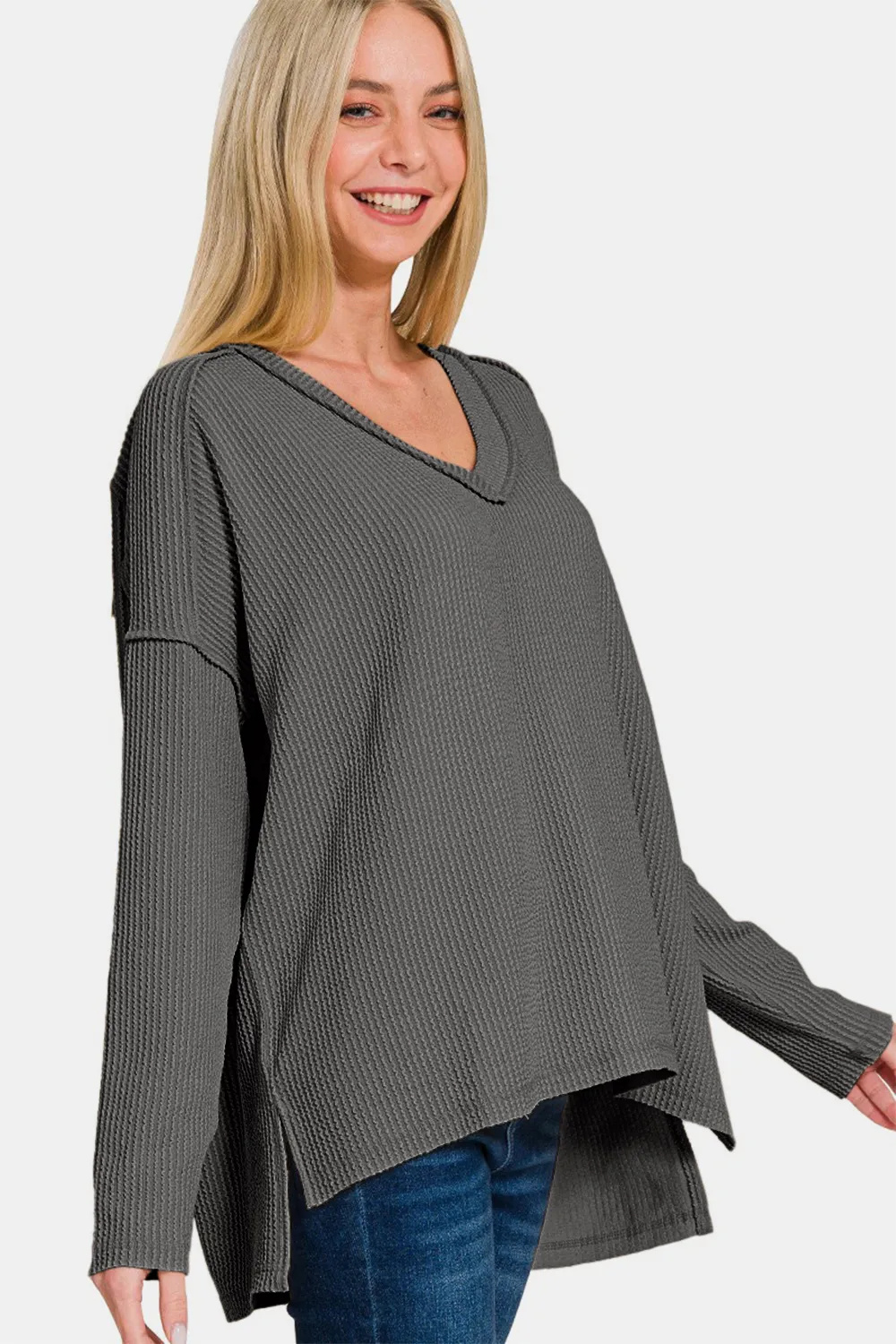 Zenana Texture Exposed Seam V-Neck Long Sleeve T-Shirt - Image 2
